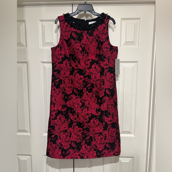 NWT TERI JON FUSCIA PINK/BLACK JACQUARD SHIFT COCKTAIL DRESS SIZE 14 - Picture 12 of 13